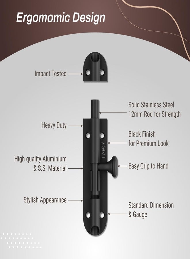 LAPO Heavy Duty Stainless Steel Tower Bolt 4 Inch, Tower Bolt for Main Door and Bathroom, Kundi Door Latch for Bedroom, Chitakni, Tower Bolt for Home,Offices Doors,Windows (Black Finish, Pack of 2) - Image 3